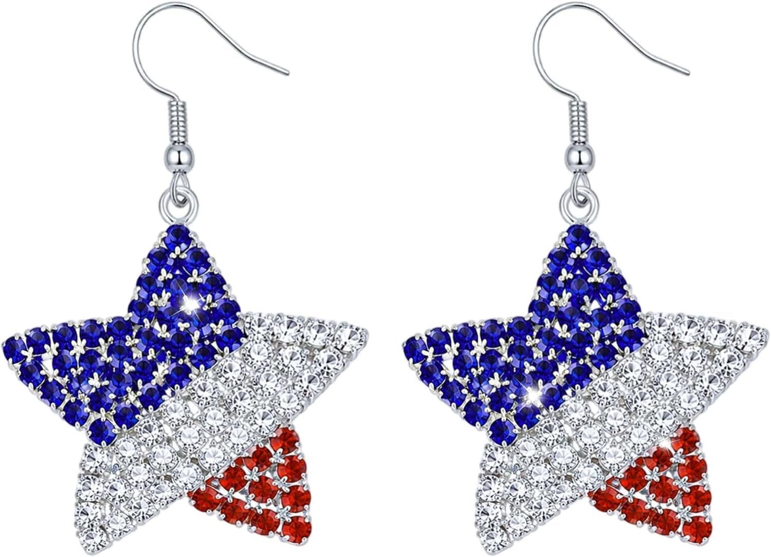 Go Ho 4th of July Earrings for Women, American Flag Red White and Blue Sparkly Crystal Dangle Earrings, Patriotic Jewelry Accessories